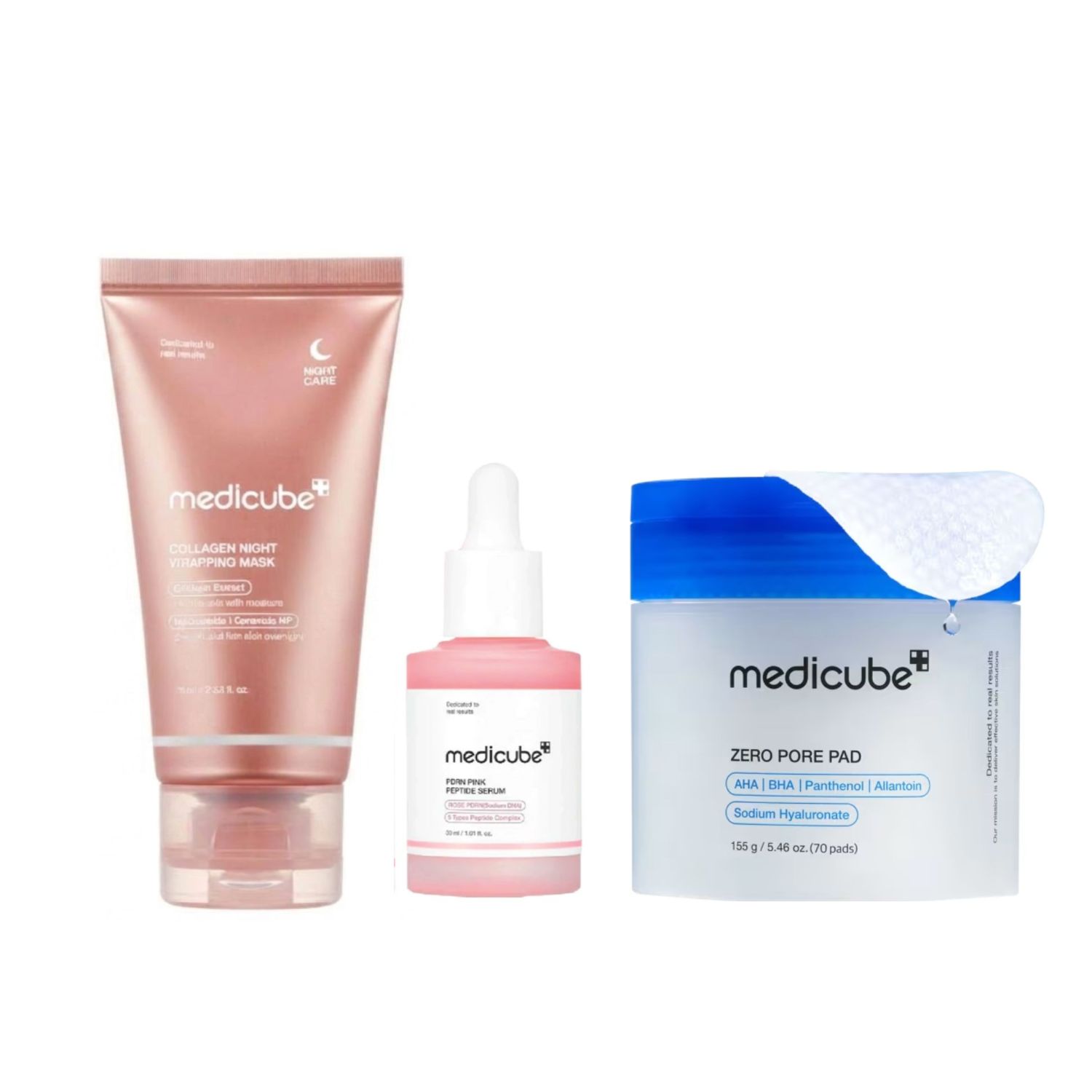 Kit Glass Skin Medicube: Máscara Noturna Collagen 75 ml + Sérum PDRN Pink Peptide 30 ml + Pads Zero Pore (70 unidades)